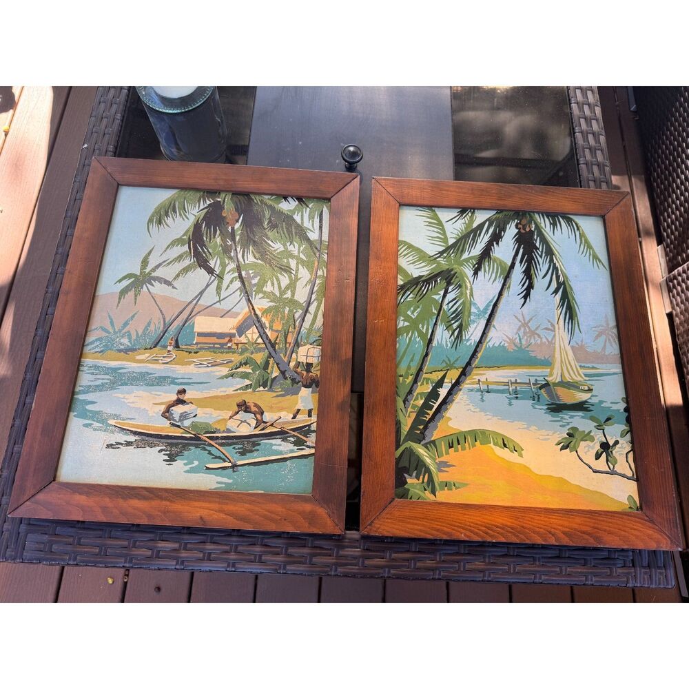 Pair of vintage paint by numbers Hawaiian scenes MCM Mid Century framed